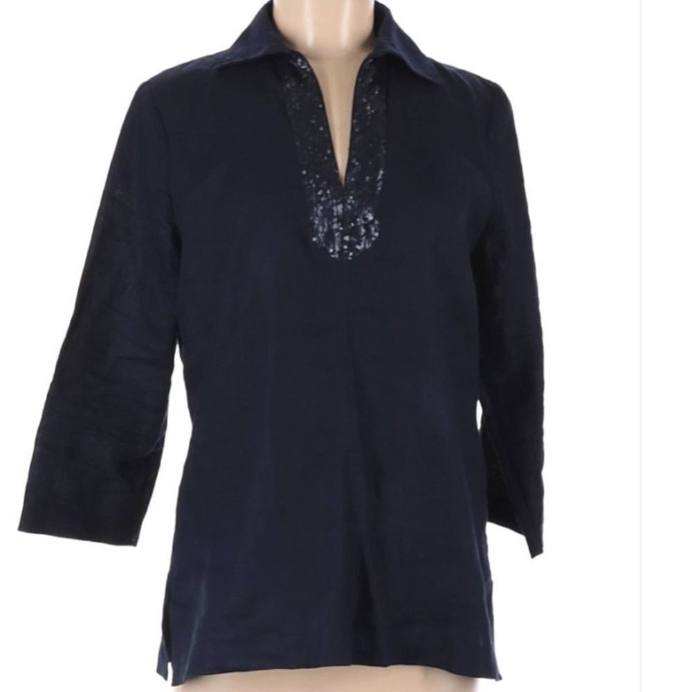 Ralph Lauren Blue Linen Sequin Neck Popover Blouse Size Medium